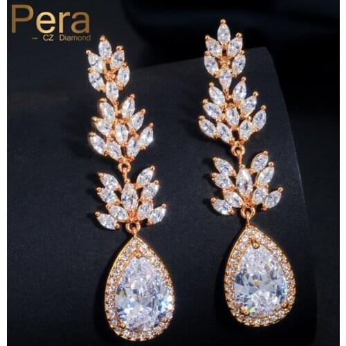 Pera Luxury Gold Color Big Leaf Shape Cubic Zirconia Stone Pave Setting Long Drop Earrings For Female Valentines Day Gift E234