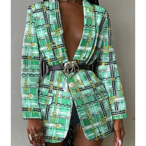 Elegant Light Green Chain Plaid Blazer Jacket Women Coats V-neck Loose Sexy Office Lady Single Button England 2021 New Outerwear