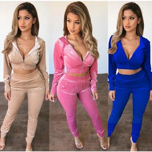 Two Piece Set Women Long Sleeve Crop Top Hoodied Velvet Coat High Waist Pants Winter Tracksuit Sweat Suit 2 Piece Set Outfits