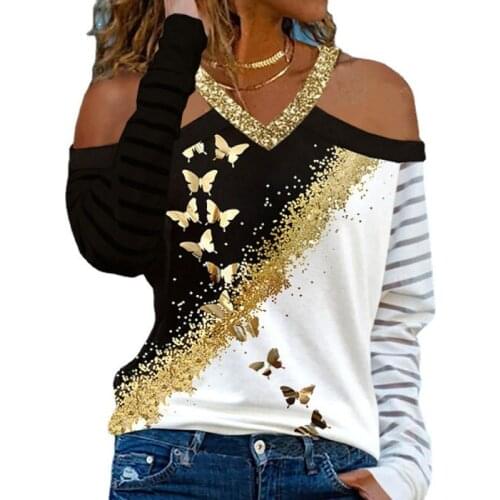2021 Fashion T-Shirts Womens Autumn New Butterfly Printed Long-Sleeve Tops Off-Shoulder V-Neck Casual Pullover Tee Shirt Female