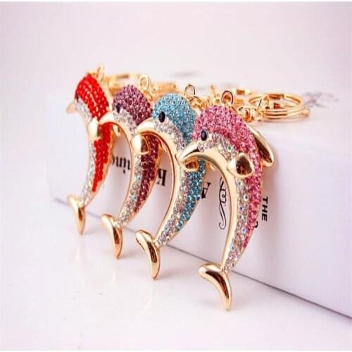 Cute Dolphin Crystal Keychain Women Bag Charms Key chain On The Bags Animal car Key rings B132