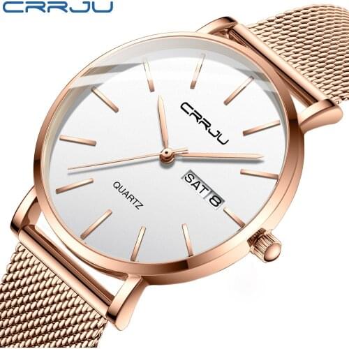CRRJU New Women Fashion watches Exquisite Rose Gold Elegant Business Calendar Wristwatch Charm Ladies Steel Quartz Female Clock