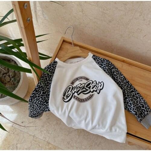 2021 new arrival girls boys autumn full sleeve casual cotton leopard patchwork kids t-shirt