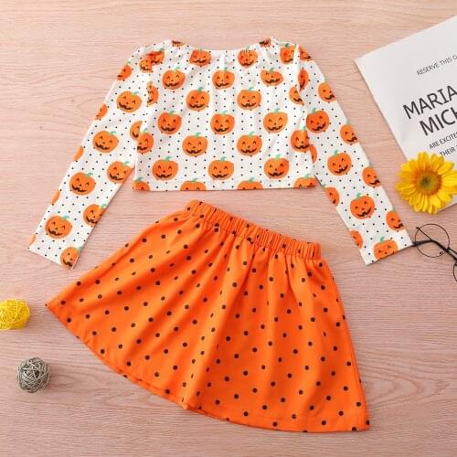 Kids Halloween Outfit Pumpkin Dots O-Neck Long Sleeves Crop Tops + Elastic Waist Short Skirt for Girls Orange