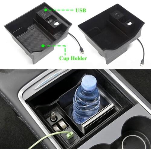 For Tesla Model 3 Y 2021 Central Armrest Storage Box with USB Charging Port and Press Type Cup Holder