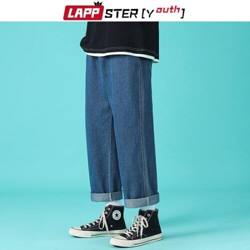 LAPPSTER-Youth Men Solid Vintage Cuffs Cargo Jeans 2021 Spring Mens Wide Legs Harajuku Blue Denim Pants Male Baggy Joggers 5XL