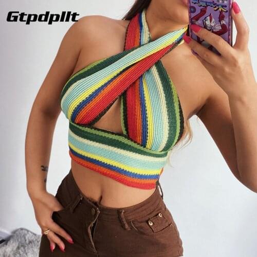 Gtpdpllt Patchwork 2021 Summer Halter Neck Crop Top Women Backless Casual Sleeveless Beach Knit Fashion Y2K Sexy Tank Tops