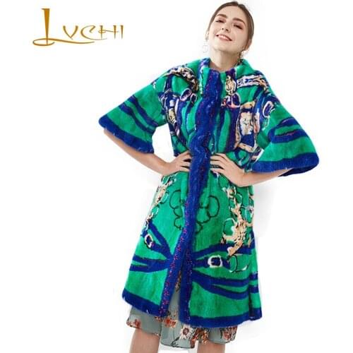 LVCHI Winter 2019 Imported Swan Velvet Mink Womens Natural Fur Slim Coat Print Pattern Coats O-Neck Three Quarter Mink Coats