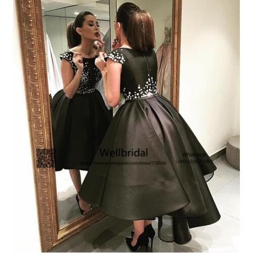 New Hi Lo Gown Puffy Evening Party Dresses with inside Petticoat Black Crystals Beaded Prom Gown Homecoming Cocktail Party Dress