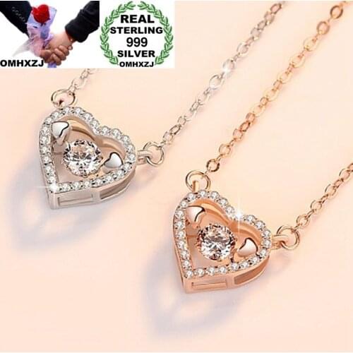OMHXZJ Wholesale European Fashion Woman Girl Party Wedding Gift Heart AAA Zircon 999 Sterling Silver Pendant Necklace NA18