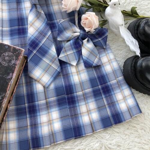 Original Design Blue Plaid Checks Pleated Skirt Good Quality Sharp Pleats Preppy Style & Necktie/Neckbow