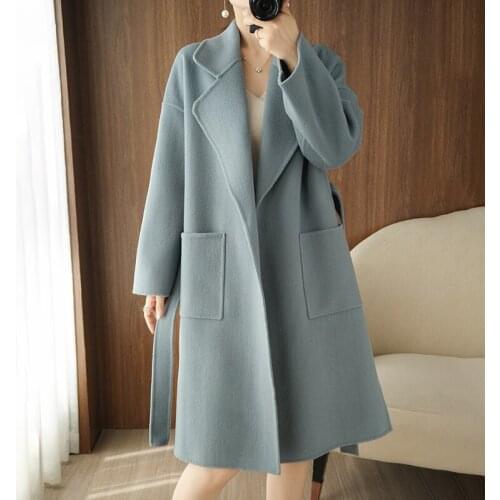 ATTYYWS Autumn and winter new handmade double-sided cashmere coat womens 100% wool coat long loose coat lapel cardigan uniform