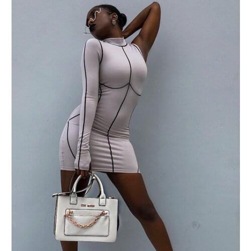 DSMTRC Mock Neck Fall Streetwear Tight Fitted Female Mini Dresses Solid Color Overlock One Shoulder Long Sleeve Bodycon Dress