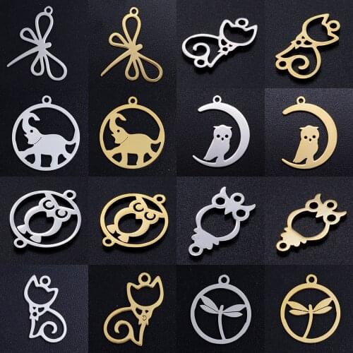 5pcs/lot Night Owl On Moon DIY Charms Wholesale 100% Stainless Steel Cat Kitty Pendant Dragonfly Bird Elephant Connectors Charm