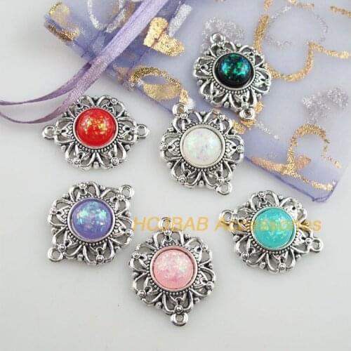 12 AB Shivering Resin Connectors Flower Mixed Charms Tibetan Silver 21.5x28mm