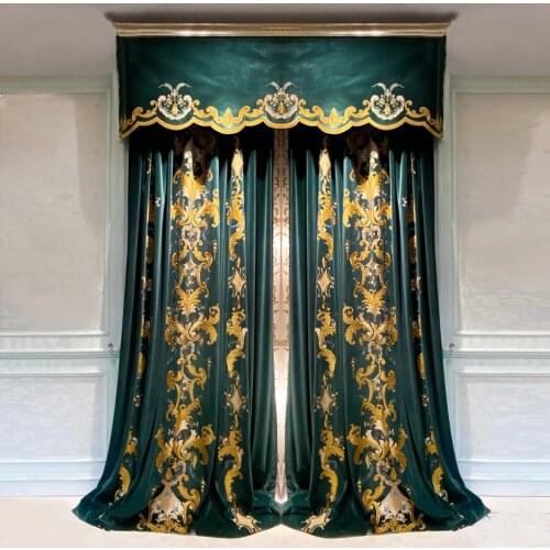 High-end luxury villa European and American green gray color velvet embroidery blackout living room finished curtain embroidery
