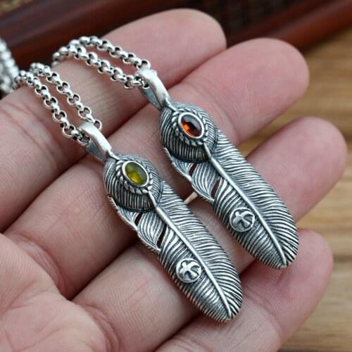 S990 Sterling Silver Jewelry Vintage Thai Silver Handmade Takahashi Goro Feather Gem Simple Male And Female Pendants