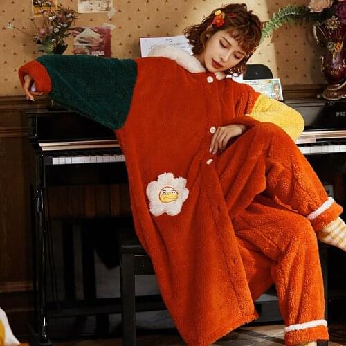 Women 's Pajamas Winter Coral Fleece Thickened Long Section Nightgown Cute Sun Flower Flannel Outerwear Homewear Suit