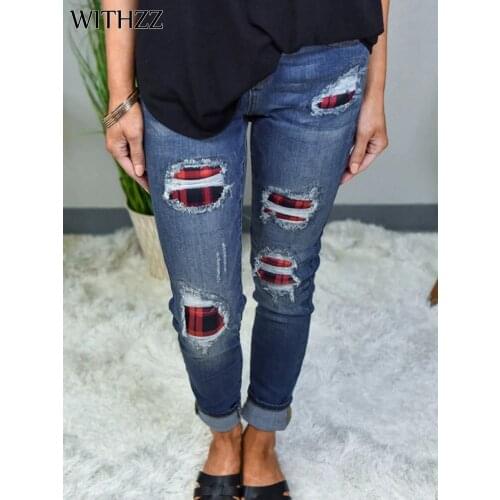 WITHZZ Spring Autumn Womens Fashion Hole Printed Patch Denim Trousers Female Jeans
