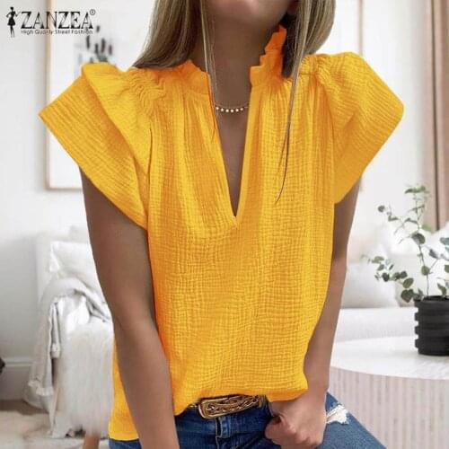 Womens Summer Tops 2021 Stylish White Loose Blusa ZANZEA Elegant Pleated Lace Up Tunic Casual Deep V Neck Solid Blouse