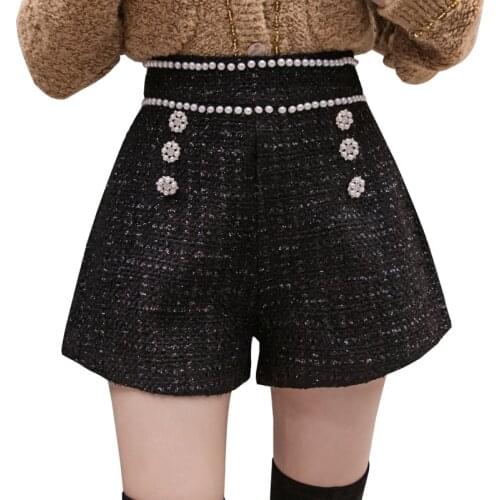 Autumn Winter 2020 New Tweed Black Shorts Women Korean Fashion Pearls Beading High Waist Wide Leg Shorts Mujer Double Breasted
