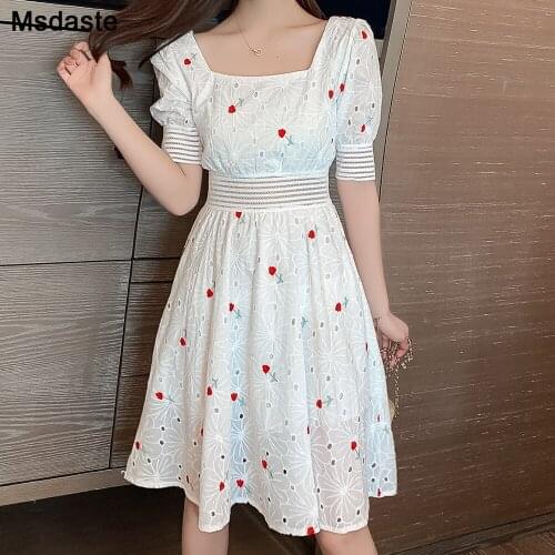 Women Dresses 2020 New Summer Wear Flower Embroidery White Color Young Lady Elegant Dress Short Sleeve Cotton Female Dresses