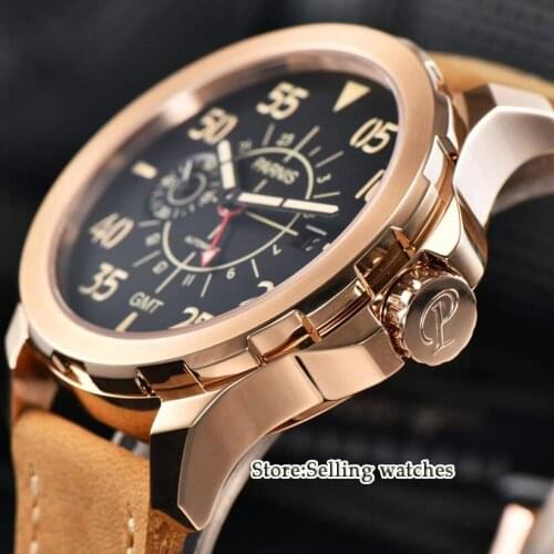 44mm Parnis black dial rose golden CASE Sapphire glass GMT ST 2557 Automatic Mens Watch