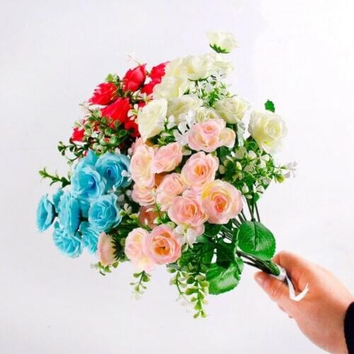 5 Heads Artificial Silk Rose Flowers Bouquet Fake Leaves Wedding Home Decoration Mid-Century Modern Artificial