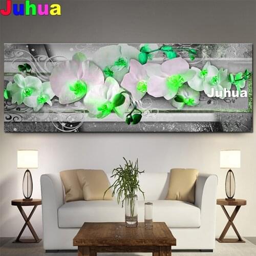 5D DIY diamond mosaic Green Orchid,Full Square Diamond painting Cross Stitch Diamond Embroidery Round White Flowers