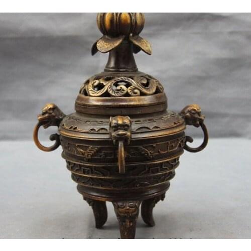 9 China Buddhism Bronze Copper Statue Palace Lotus Beast Incense Burner Censer