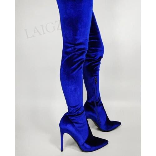 DOBANER Women Thigh High Boots Velvet Stretchy Heels Boots Side Zip Wide Calf Friendly Botas Lady Shoes Woman Big Size 43 44 47