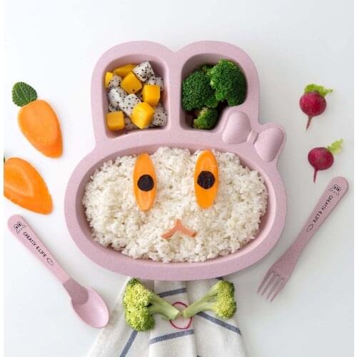 Household Childrens Meal Cartoon Plate Cutlery Set Lunch Plate Grid Baby Wheat Straw Dinner Plate Fork Spoon Set Kitchen Tools