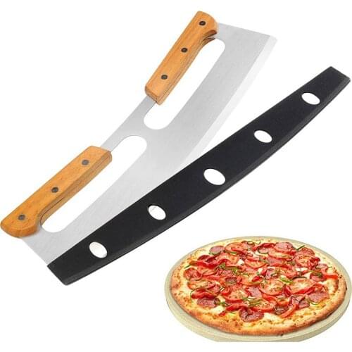 Double Handle Pizza Cutter with PP Protective Cover Wooden Handle semicircle Pizza Hob kitchen Baking tool Pizza Cutter