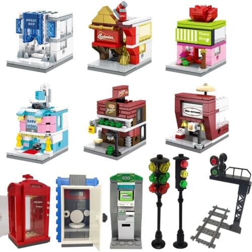 City Buildings Jewelry SPA Pizza Shop Postman Food Stall Toilet Tree Traffic Light Telephone MOC Citys Blocks Toys For Children