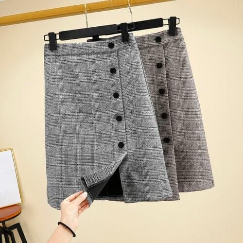 Plaid Women Office Skirt Women Winter Casual 5 Button A-line Midi Skirts Ladies Elegant High Waist 2 Color Mini Split Skirt
