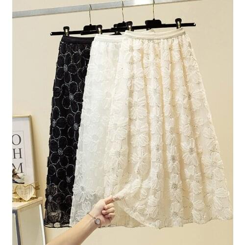 Spring Sweet Sequined Floral Lace A-line Maxi Long Tulle Skirt Metallic Embroidered Flowers Gauze Pleated Ankle Long Skirts