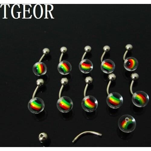Fashion 1 pair 1.4*10*5/8mm mixed colors inlay rasta reggae balls UV acrylic piercing navel belly button ring free shipping