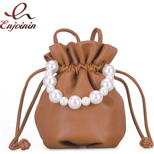 Fashion Concise Leather Ladies Bucket Bag Luxury Pearl Wrist Strap Purses and Handbags Female Shoulder Bag Women Designer Bags