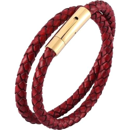 Trendy Jewelry for Men Women Red Genuine Leather Braided Bracelet Punk Fashion Steel Buckle Charm Leather Wristband Gift SP0488