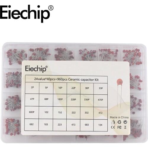 24Values Ceramic Capacitor Assortment Kit 2PF-0.1UF 50V Ceramic Capacitors Set 47PF 68PF 100PF 220PF Electronic Capacitor Pack