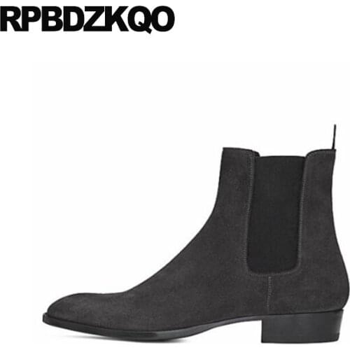 Chelsea slip on faux fur winter booties plus size lined black shoes genuine leather suede handmade mens pointed toe dress boots