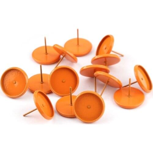 20pcs Fit 12mm Cabochons Earrings Base Ear Setting Colorful Plated Round Cameo Base Blank Tray Orange With Plug