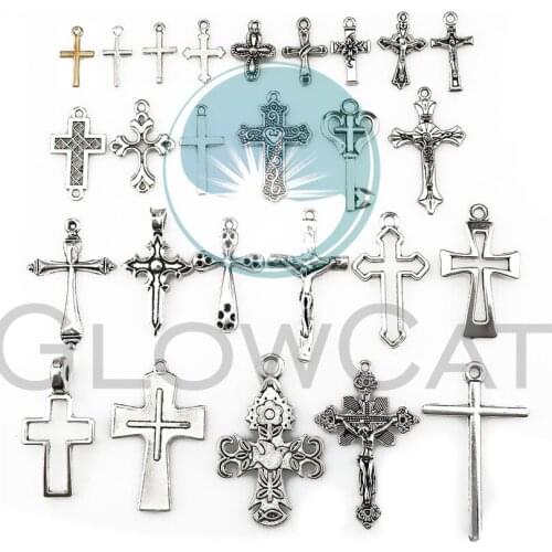 26pcs 22401 Vintage Silver Jesus Cross Charms Mixed Flower Cross Key Charm Gold Color Pendant DIY Jewelry Making