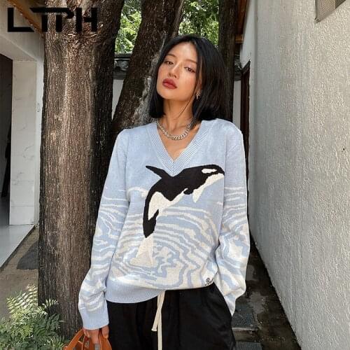 LTPH vintage V-neck women sweaters knitted long sleeve pullovers dolphin sea jacquard jumpers streetwear casual 2021 autumn new