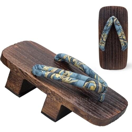 Japanese Men Costume Kimono Dragon Traditional Wooden Clog Oriental Shoes Anime Cosplay Round Toe Paulownia Sandals Flip Flops