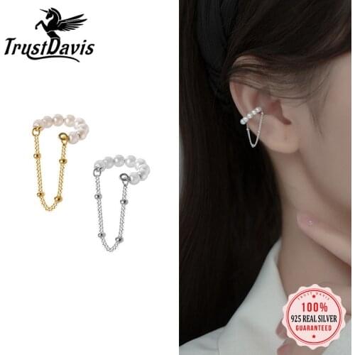 TrustDavis Real 925 Sterling Silver Fashion Synthesis Pearl Chain Clip Earrings For Women Wedding Valentines Day Jewelry DA2360