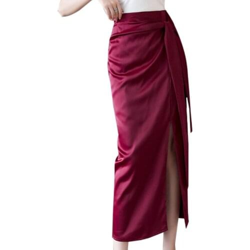 2021 summer silk package hip slim skirt women high waist slim lace up split mid calf step skirt