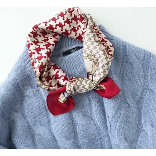 Luna&Dolphin Women Small Square Scarves 53x53cm 100% Real Silk Houndstooth Vintage Bandanas Suit Decoration Headbands Kerchief