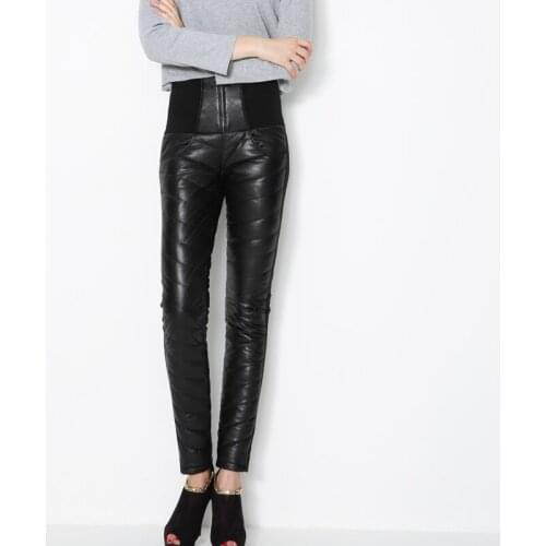 Women slim sheep skin leather pants trousers Female pencil pants thickening Winter Warm Genuine leather White duck down pants