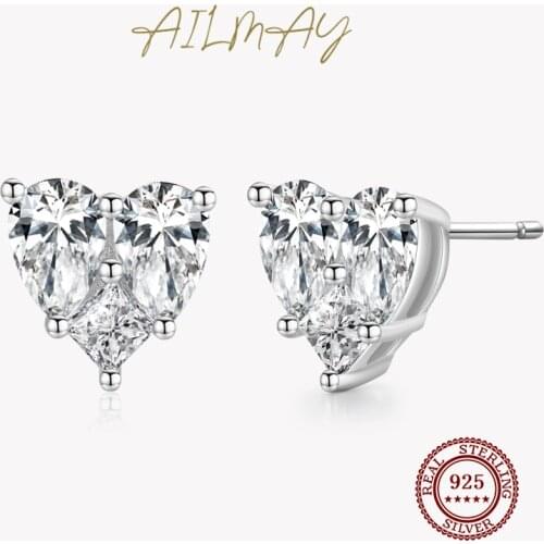 Ailmay 100% 925 Sterling Silver Luxury Elegant Love Heart Shape Stud Earrings for Women Cubic Zirconia Fashion Party Jewelry